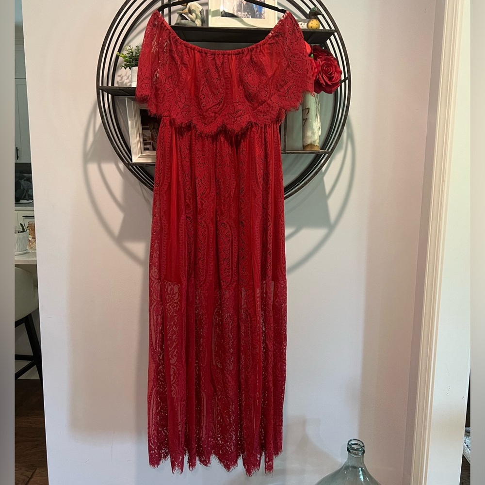 Off the shoulder red lace dress